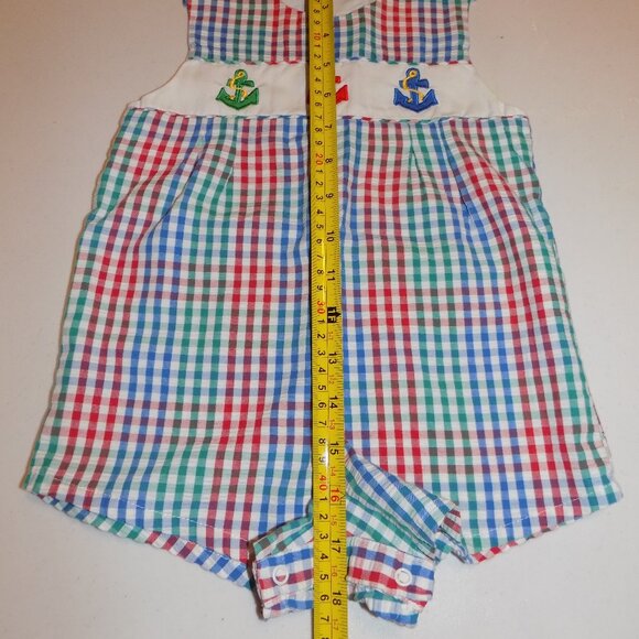 SAMARA Vintage 24M Boys Red Green Blue Check Seersucker Romper Anchors Sailor - Picture 4 of 5
